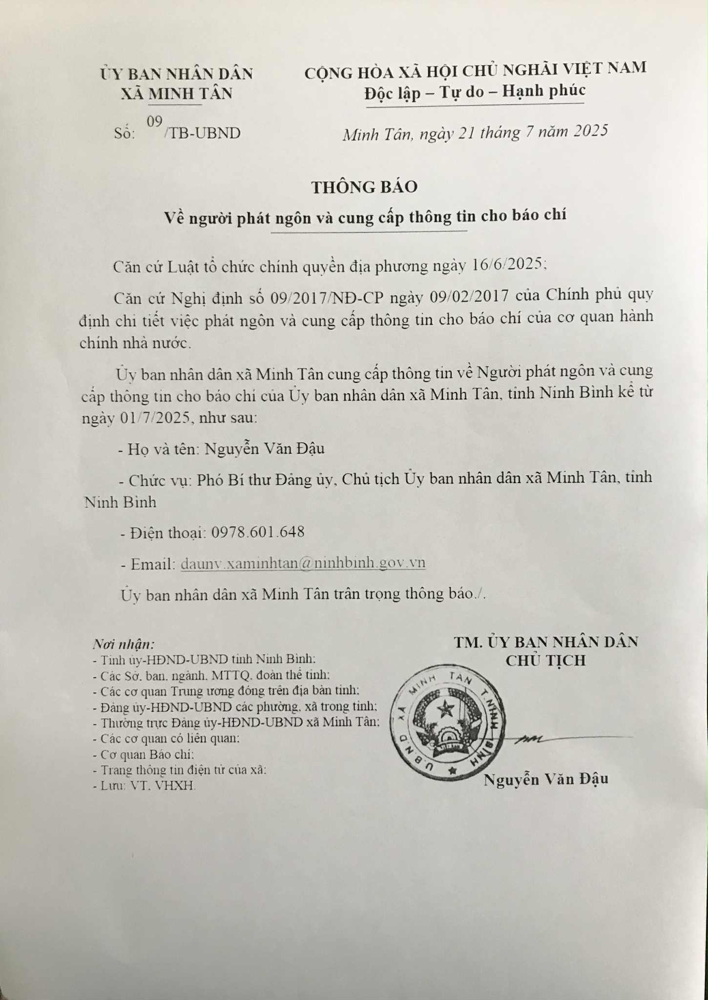 Thông báo người phát ngôn và cung cấp thông tin cho báo chí