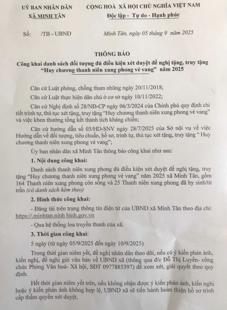 Công khai danh sách đối tượng đủ điều kiện xét duyệt đề nghị tặng, truy tặng " Huy chương thanh niên xung phong" năm 2025.